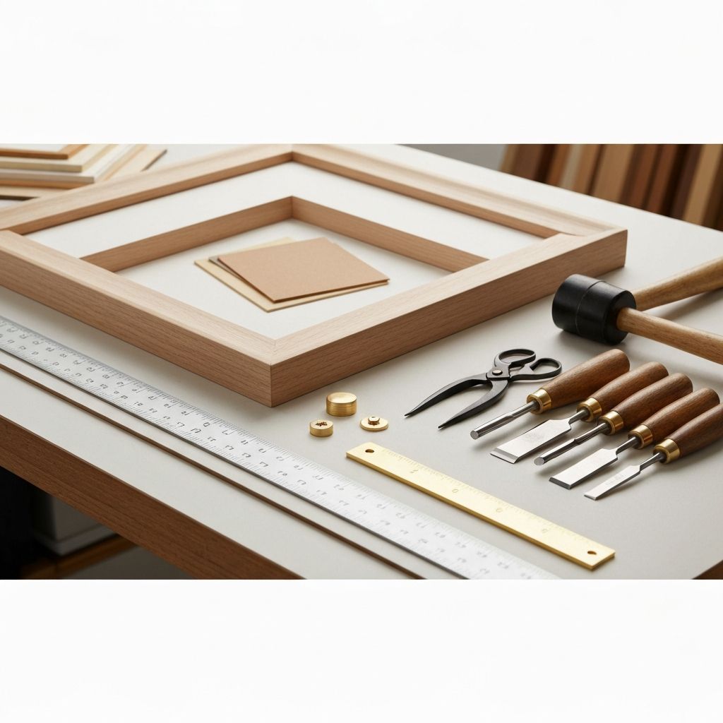 Professioneller Werkstattarbeitsbereich mit Rahmen-Eckmesser und Materialmustern