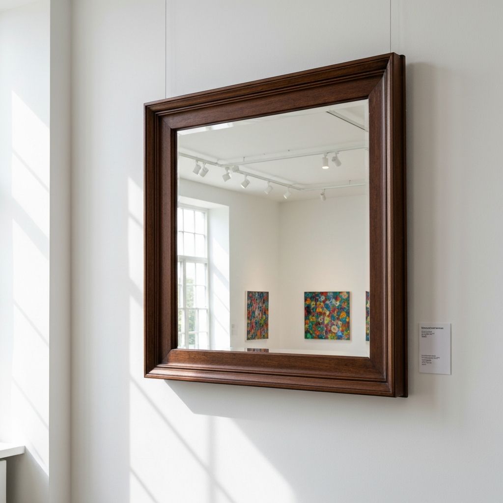 Eleganter Spiegel in Holzrahmen, an Galeriewand aufgehängt mit perfekter Beleuchtung